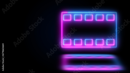 Neon film frame strip tape in black background.Animated retro-style film icon film strip motion graphic. Glowing media movie strip icon background.