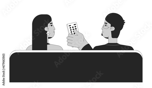 Arab couple watching tv black and white 2D line cartoon characters. Middle eastern beard man clicking remote control isolated vector outline people. Switch channel monochromatic flat spot illustration