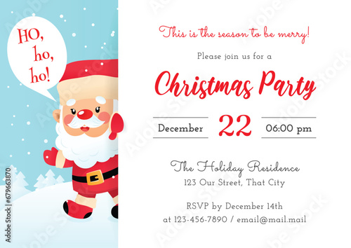 Christmas Party invitation template. Winter holiday illustration with a funny laughing Santa Claus on a background of a winter landscape. Vector 10 EPS.
