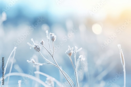 Winter landscape of frozen flowers in ice and frost