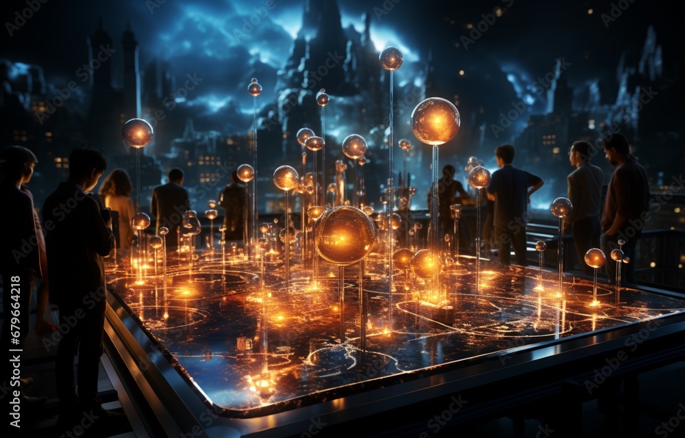 Obraz premium People Gathered Around an AI Fantasy Hologram