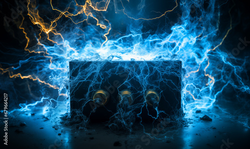 Electric guitar amplifier with lightning and smoke on dark background. Music concept photo