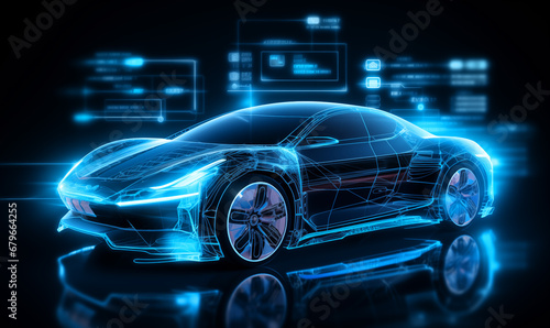 3D rendering of a sports car with blue and white digital interface.