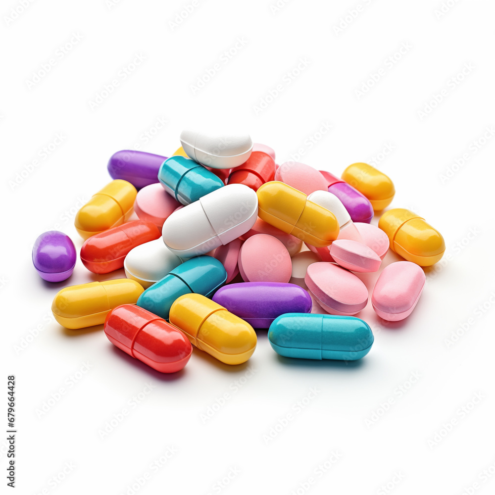 pile of multi-colored pills isolated on white background - Generative AI pile of multi-colored pills isolated on white background - Generative AI