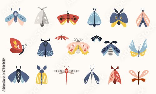 Moth, butterfly in folk style, folkloric Nordic clip arts vector set, hygge cute insects isolated designs on white. Collection of classic ethnic elements. Funny scandi folk motifs
