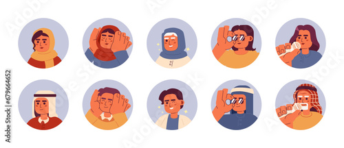 Modern arabic people 2D vector avatars illustration set. Saudi, muslim hijab cartoon character faces portraits collection. Enjoying life flat color users profile images isolated on white background
