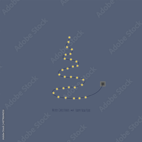 Evergreen is lined with a garland with stars. Merry Christmas and Happy New Year banner. Winter holiday greeting card.