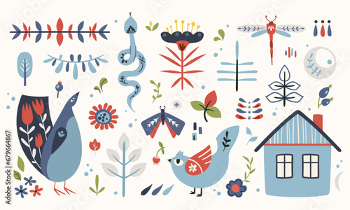 Set of traditional folk clip arts in Scandinavian and Nordic style, hygge isolated designs on white. Classic ethnic elements in vector, naive scandi folk motifs - birds, house, flowers, moth, leaves
