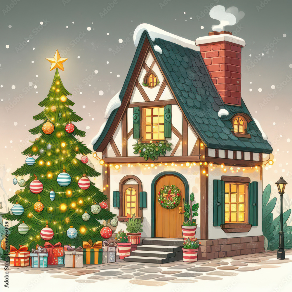 Christmas tree in front of a small European style house, generative ai