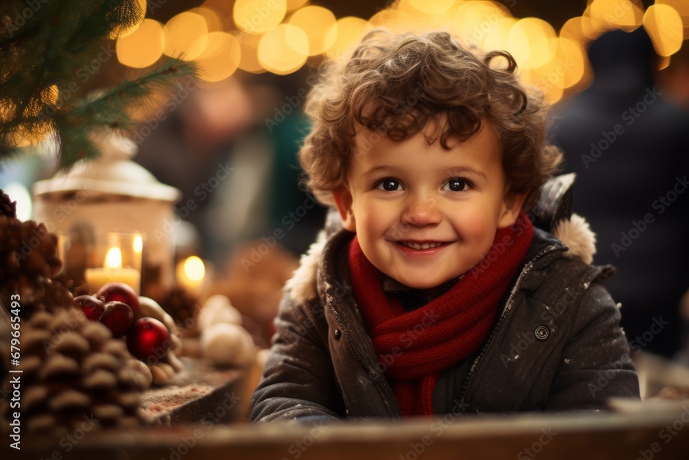 Cute baby boy at the Christmas market, excited and smiling Cute baby boy at the Christmas market, excited and smiling