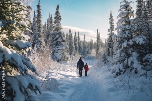 man and child walks in the winter forest in nature.view from the back