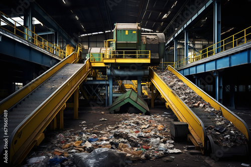 A waste transfer station with a conveyor belt, where waste is sorted for recycling or landfill photo