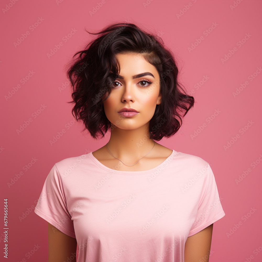 Lady wearing pink tshirt standing in front of isolated pink background - ai generative Lady wearing pink tshirt standing in front of isolated pink background - ai generative