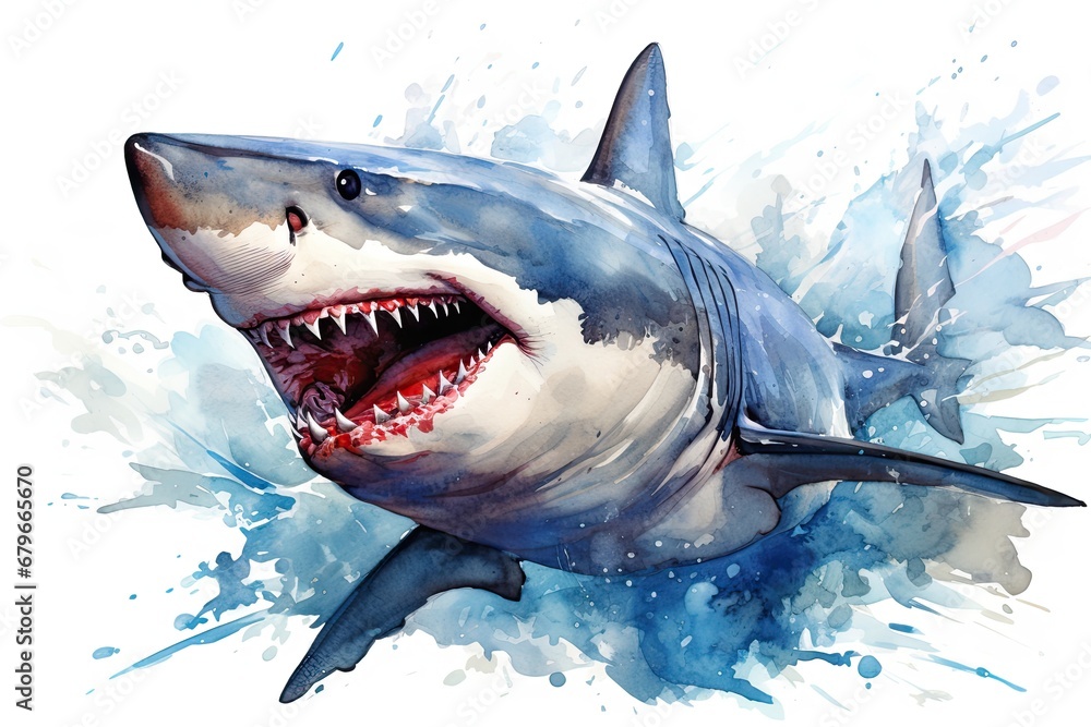 Naklejka premium watercolor Shark Hungry shark illustration with splash watercolor textured background