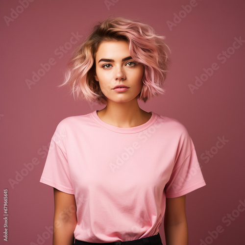 Lady wearing pink tshirt standing in front of isolated pink background - ai generative
