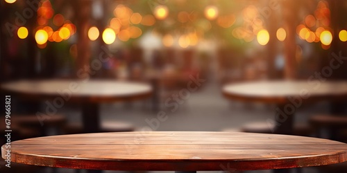 Nightlife elegance. Blurred bar ambiance. Retro vibes. Wooden table in vintage. Cozy evening. Abstract background of cafe. Urban lifestyle. Counter in bokeh harmony