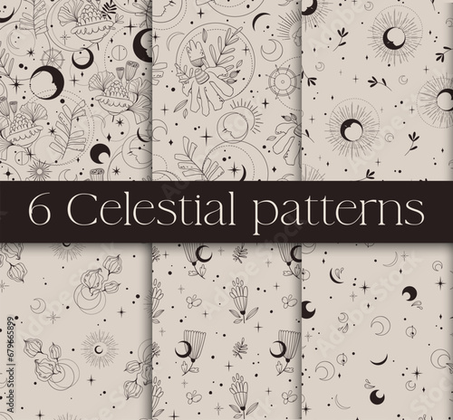Mystic celestial seamless pattern set - magic flowers, moon and stars in monochrome, esoteric vector reapiting motives on background for wrapping, textile