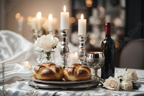 Shabbat Evening with candles, challah braided breads, kiddush cup and wine. photo