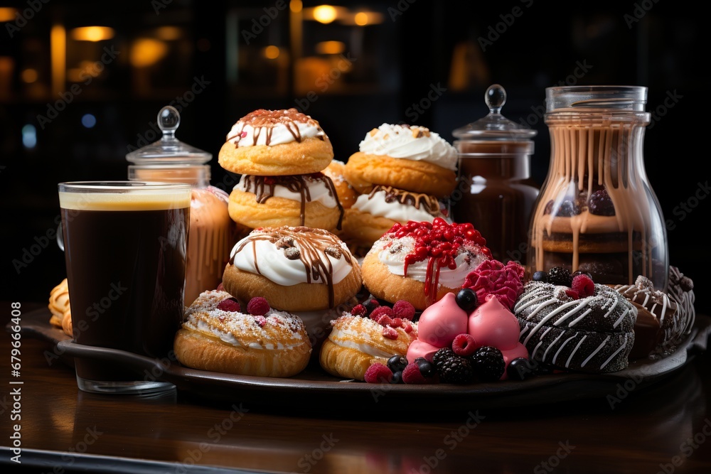 a counter with a variety of pastries and coffee cups