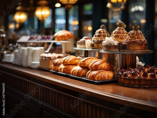 a counter with a variety of pastries and coffee cups