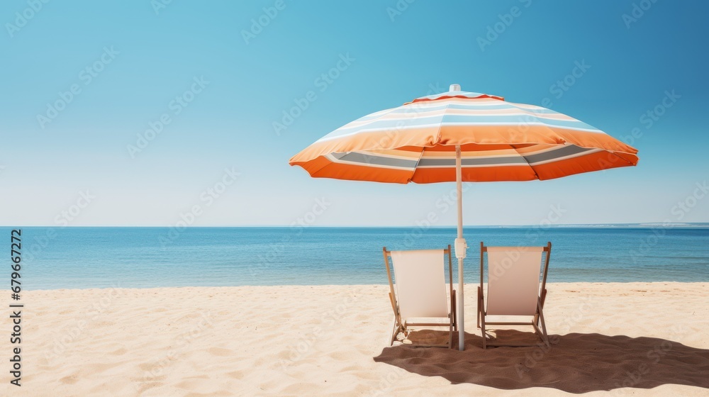 A Top view, beach umbrella with chairs Inflatable ring on the sandy beach summer vacation concept Copy space summer vacation and business travel ideas.