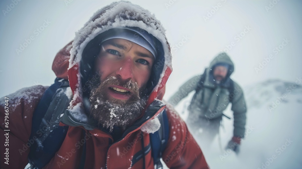 Senior man with long beard taking a selfie in the middle of a snow storm while hiking up the mountain with his friend blurred in the background. They are wearing warm winter jackets and backpacks Senior man with long beard taking a selfie in the middle of a snow storm while hiking up the mountain with his friend blurred in the background. They are wearing warm winter jackets and backpacks