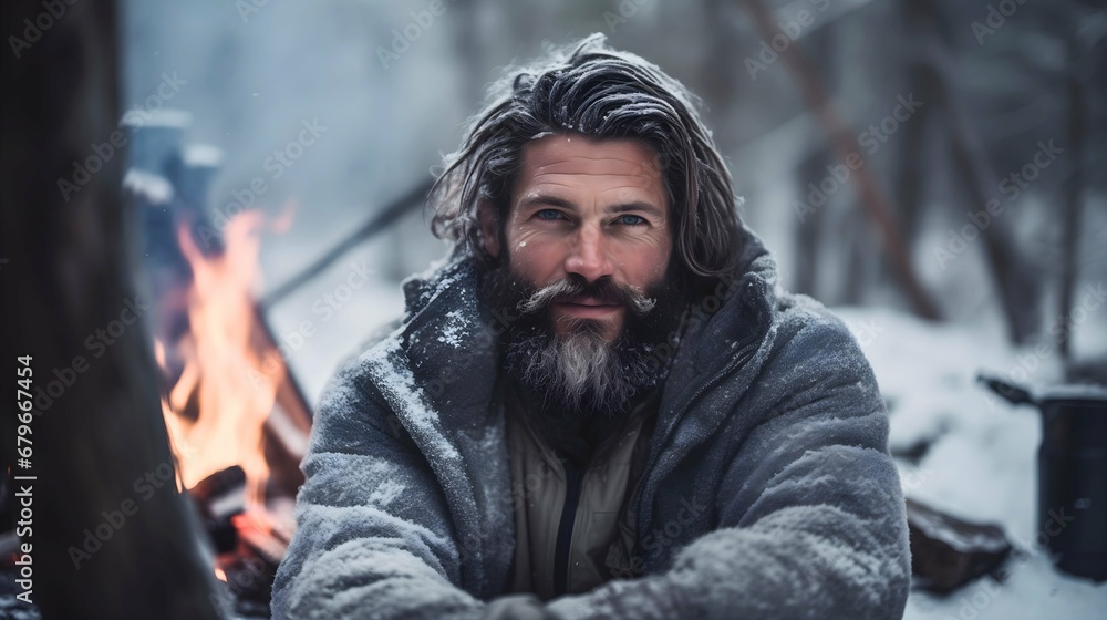 Senior man with long mustache and beard camping in the wilderness at winter. Sitting outdoors in freezing cold weather, campfire flame burning in the background. Snowy landscape Senior man with long mustache and beard camping in the wilderness at winter. Sitting outdoors in freezing cold weather, campfire flame burning in the background. Snowy landscape