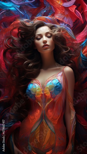 Woman in dress hair embroidery fashion full color Ai generated art