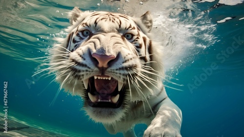 Close up photography of a white Bengal tiger with angry face, roaring and swimming under the water. Predator cat is surrounded by water bubbles.