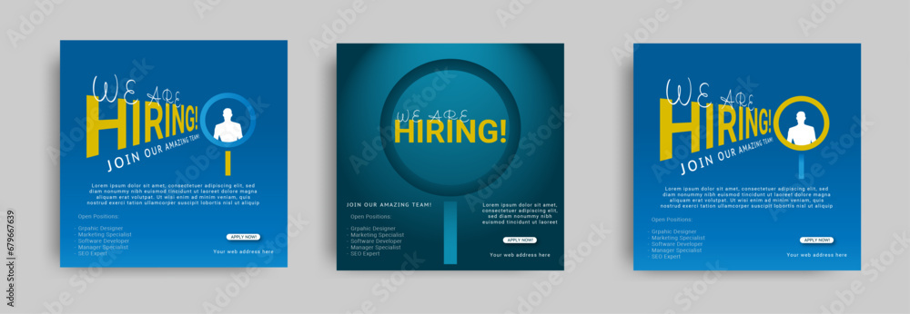  We are hiring social media post design template .Hiring Job post template, We are hiring Job advertisement .Job vacancy social media design. Vector design.