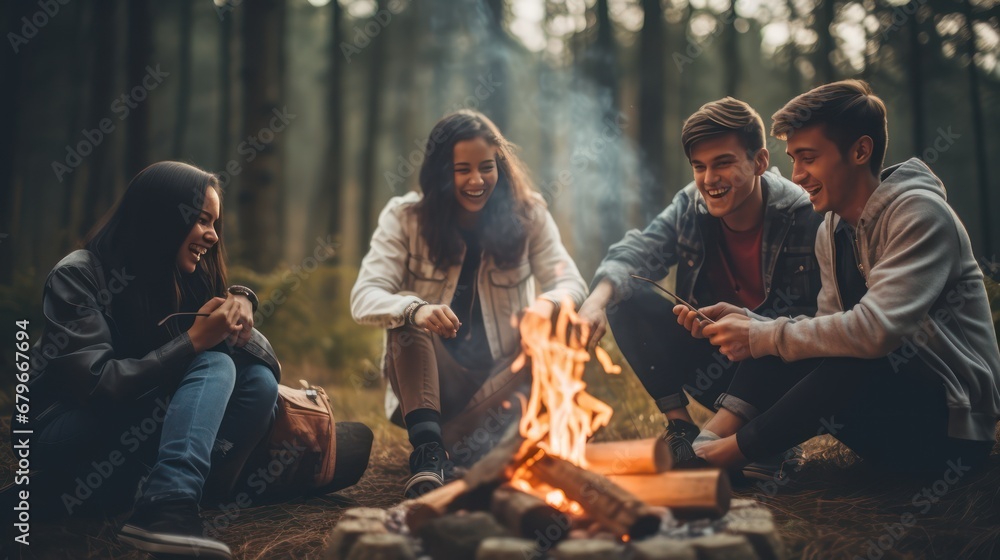 A diverse group of Asian youths having fun, laughing and bonding around a campfire. Collect friendships and fun during camping adventures in misty forests and lakes. - obrazy, fototapety, plakaty 