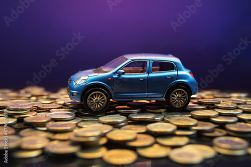 Miniature car on pile of gold coin, financial statement