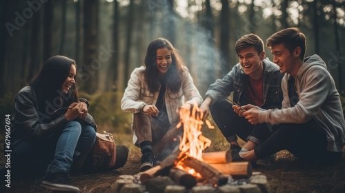 A diverse group of Asian youths having fun, laughing and bonding around a campfire. Collect friendships and fun during camping adventures in misty forests and lakes.