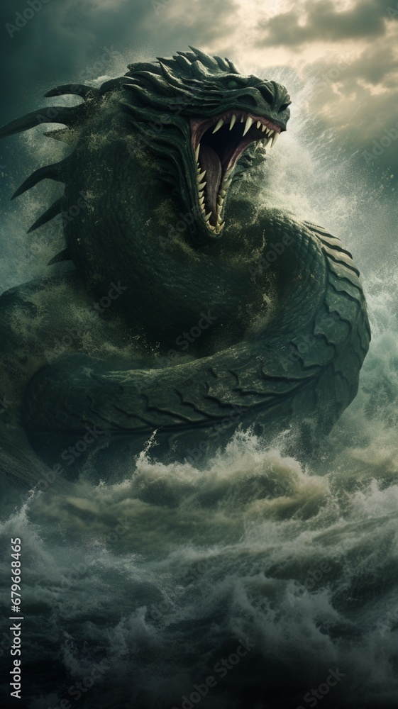 World serpent Jormungandr raising from the sea Ai generated art