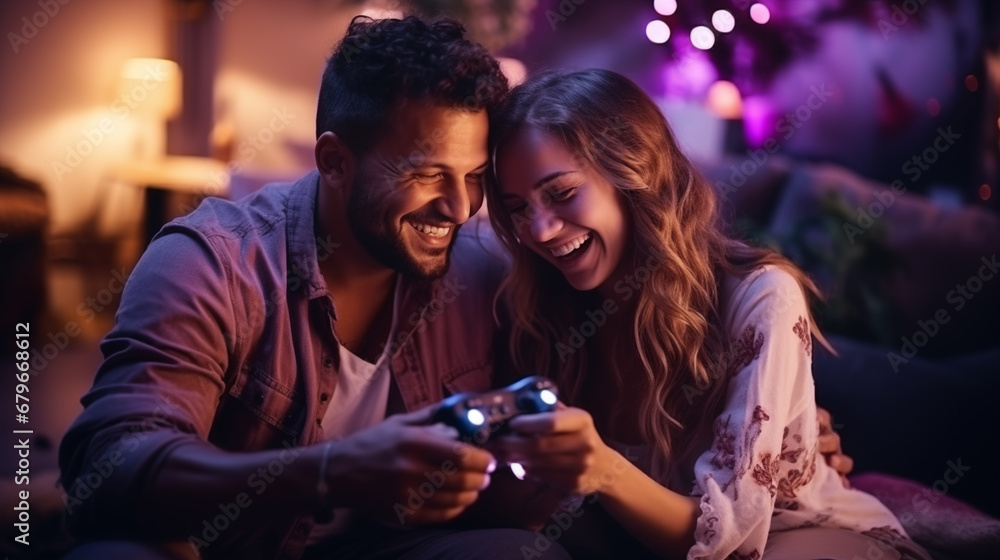 a guy and a girl, a couple, play a console together with gamepads in their hands. cozy atmosphere of fun, laughing a guy and a girl, a couple, play a console together with gamepads in their hands. cozy atmosphere of fun, laughing