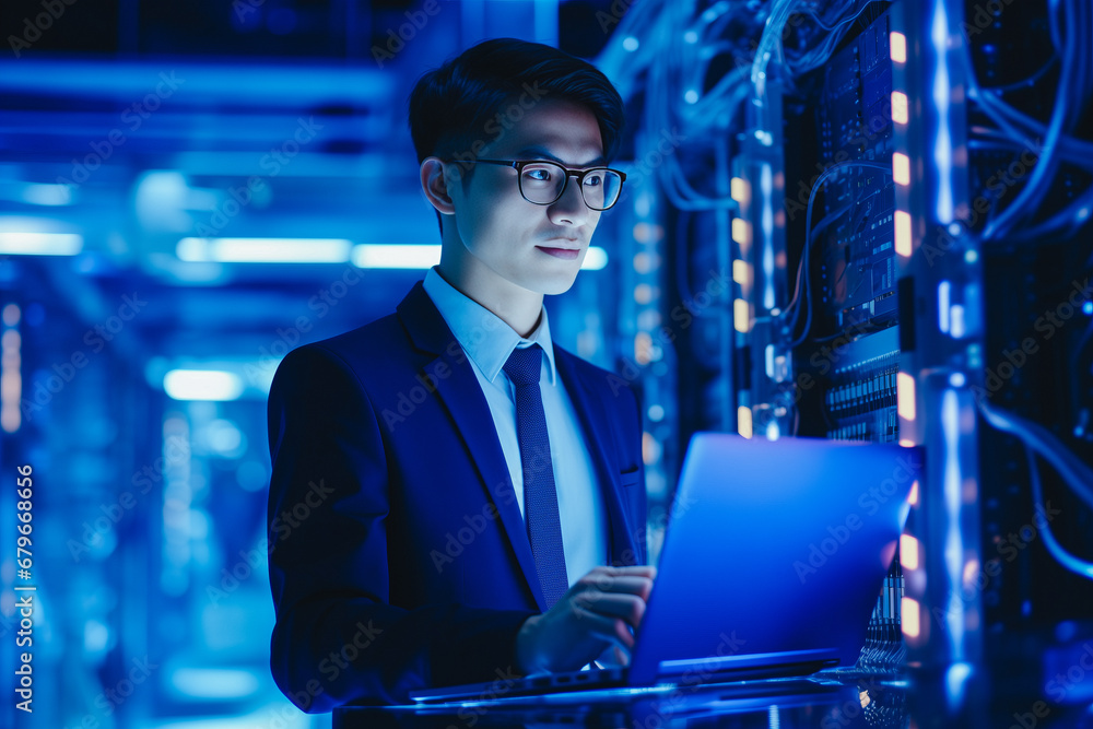 Man IT Engineers repairs technical problem and adjusts server room with laptop notebook, blue color light Man IT Engineers repairs technical problem and adjusts server room with laptop notebook, blue color light