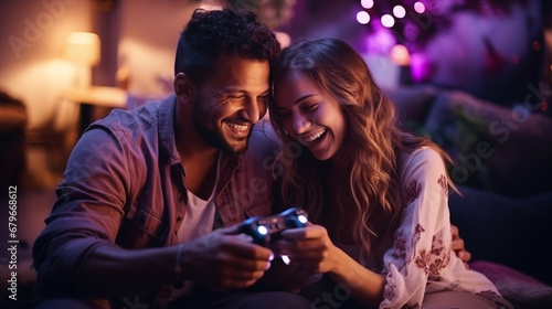 a guy and a girl, a couple, play a console together with gamepads in their hands. cozy atmosphere of fun, laughing