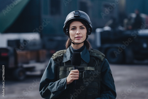 War press journalist young woman wearing bulletproof vest and helmet reporting live from destroyed city, pov camera view correspondent