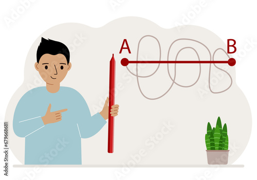 Little boy with a red pencil in her hand. A line is drawn from point A to point B, a straight and difficult path, the shortest distance to the goal, an easy or short path in study.
