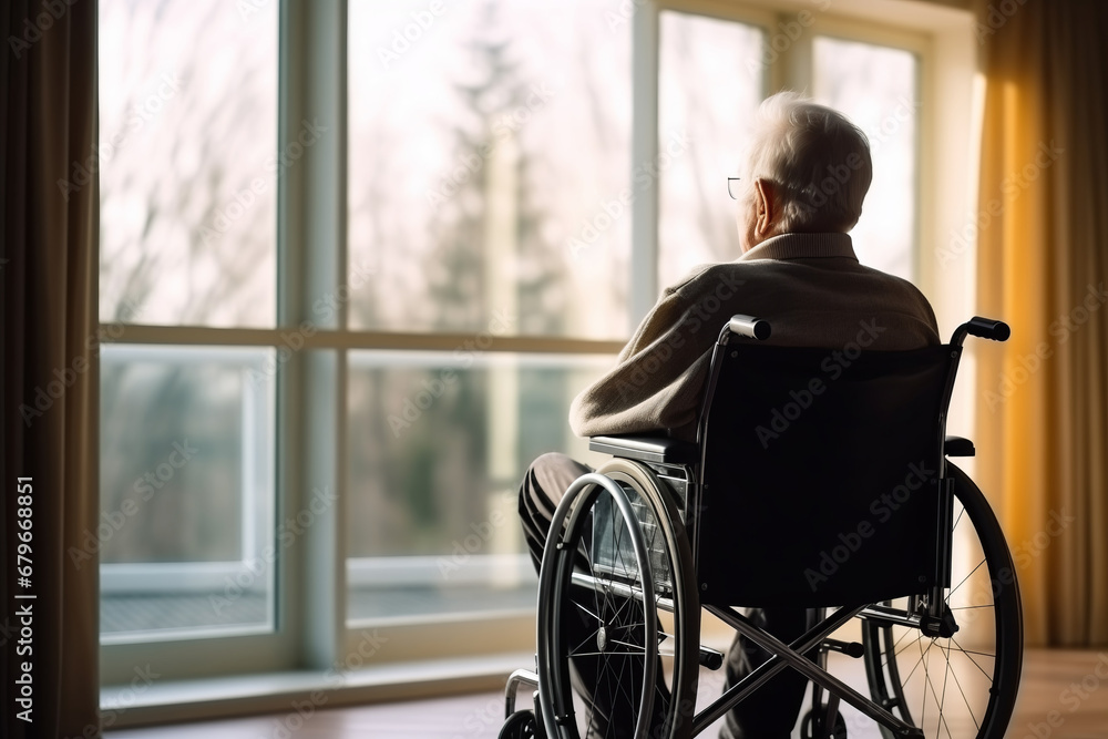 Back view Lonely sad elderly person in wheelchair in home nursing looking out window Back view Lonely sad elderly person in wheelchair in home nursing looking out window