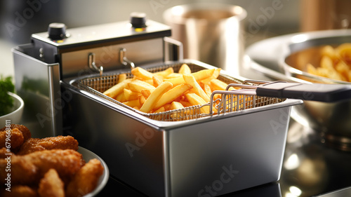 French fries cooking. Grid with strips hop potato in boiling oil. Concept of fast food photo