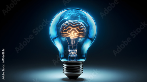 Concept of idea made with blue light bulb and shiny brain