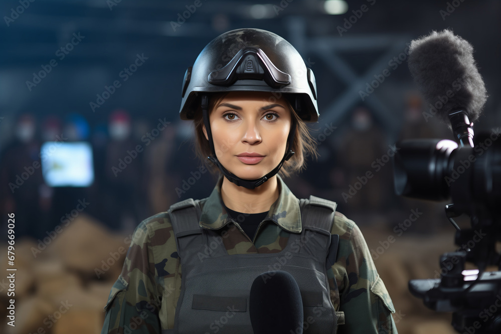 War press journalist young woman wearing bulletproof vest and helmet reporting live from destroyed city, pov camera view correspondent