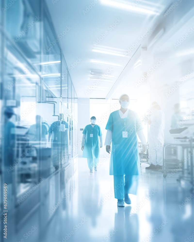 Blurred interior of hospital with doctors Blurred interior of hospital with doctors