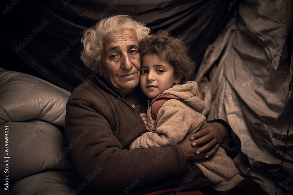 Portrait of refugee family with childs at border checkpoint of tent camp. Concept Illegal immigrant due to war, loss of home Portrait of refugee family with childs at border checkpoint of tent camp. Concept Illegal immigrant due to war, loss of home