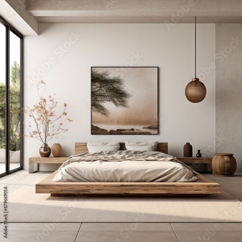 A sleek bedroom exudes calm with polished wooden elements and a captivating art piece inviting reflection