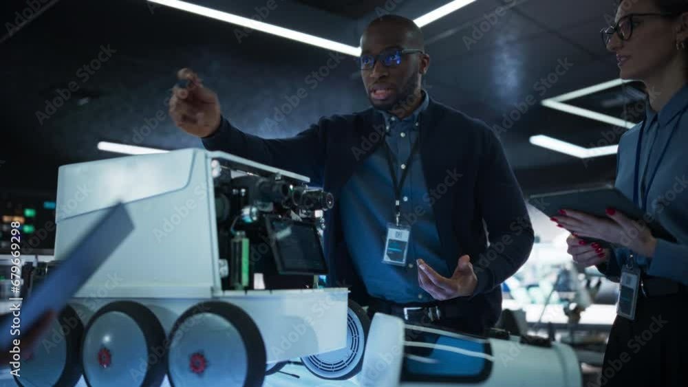 Portrait of a Group of Diverse Engineers Developing a Remotely Controlled Mobility Robot in an Industrial Research Facility. Specialists Working on Machine Improvement, Brainstorming Portrait of a Group of Diverse Engineers Developing a Remotely Controlled Mobility Robot in an Industrial Research Facility. Specialists Working on Machine Improvement, Brainstorming
