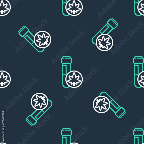 Line Chemical test tube with marijuana or cannabis leaf icon isolated seamless pattern on black background. Research concept. Laboratory CBD oil. Vector