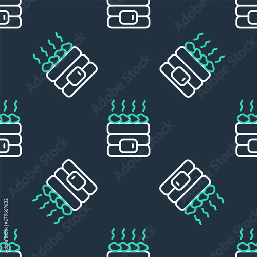 Line Hot sauna stones icon isolated seamless pattern on black background. Spa resort recreation, bathhouse relaxation. Hot stones on electric heater. Vector