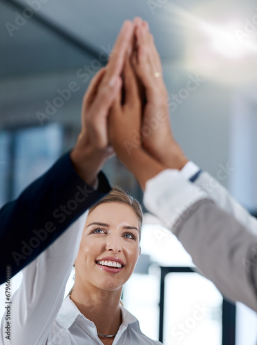 Happy woman, success or hands of business people high five in celebration of goals, mission or teamwork. Partnership, smile or excited workers in office for motivation, solidarity or winning a deal